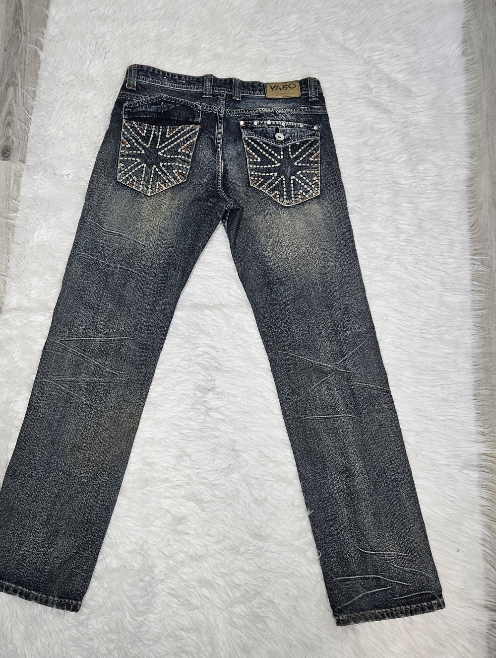 Y2k YASO Men's Dark Wash Studded Back-Pocket Jeans